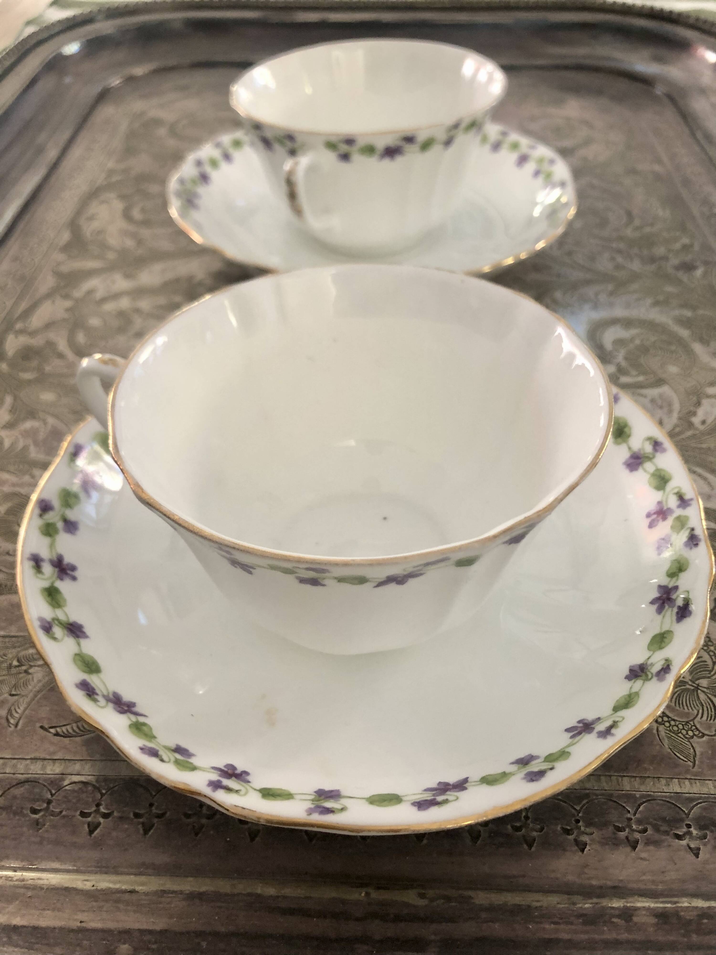 Duo of cup and saucer adderleys england bone china purple décor