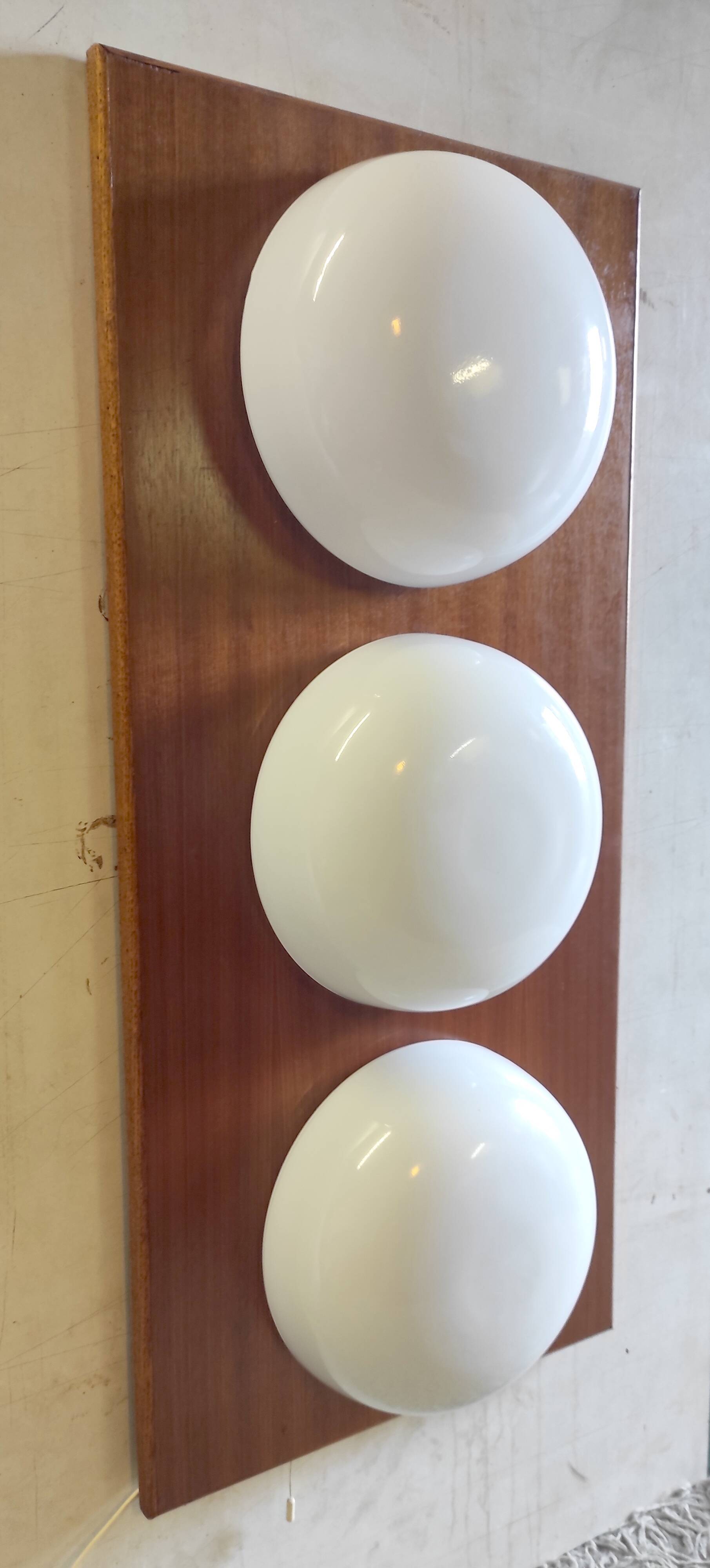 3-light designer wall lamp in opaline and teak - mid-20th century