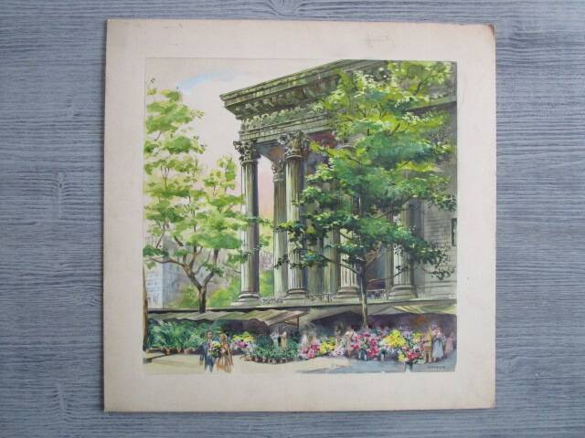 Old watercolour Paris - La Madeleine flower market - signed P. MAGNIN