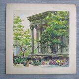 Old watercolour Paris - La Madeleine flower market - signed P. MAGNIN