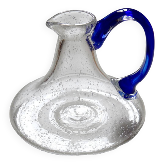 Bubble glass decanter with vintage cobalt handle