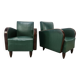 Pair of Art Decò armchairs in walnut and green leather, 1940