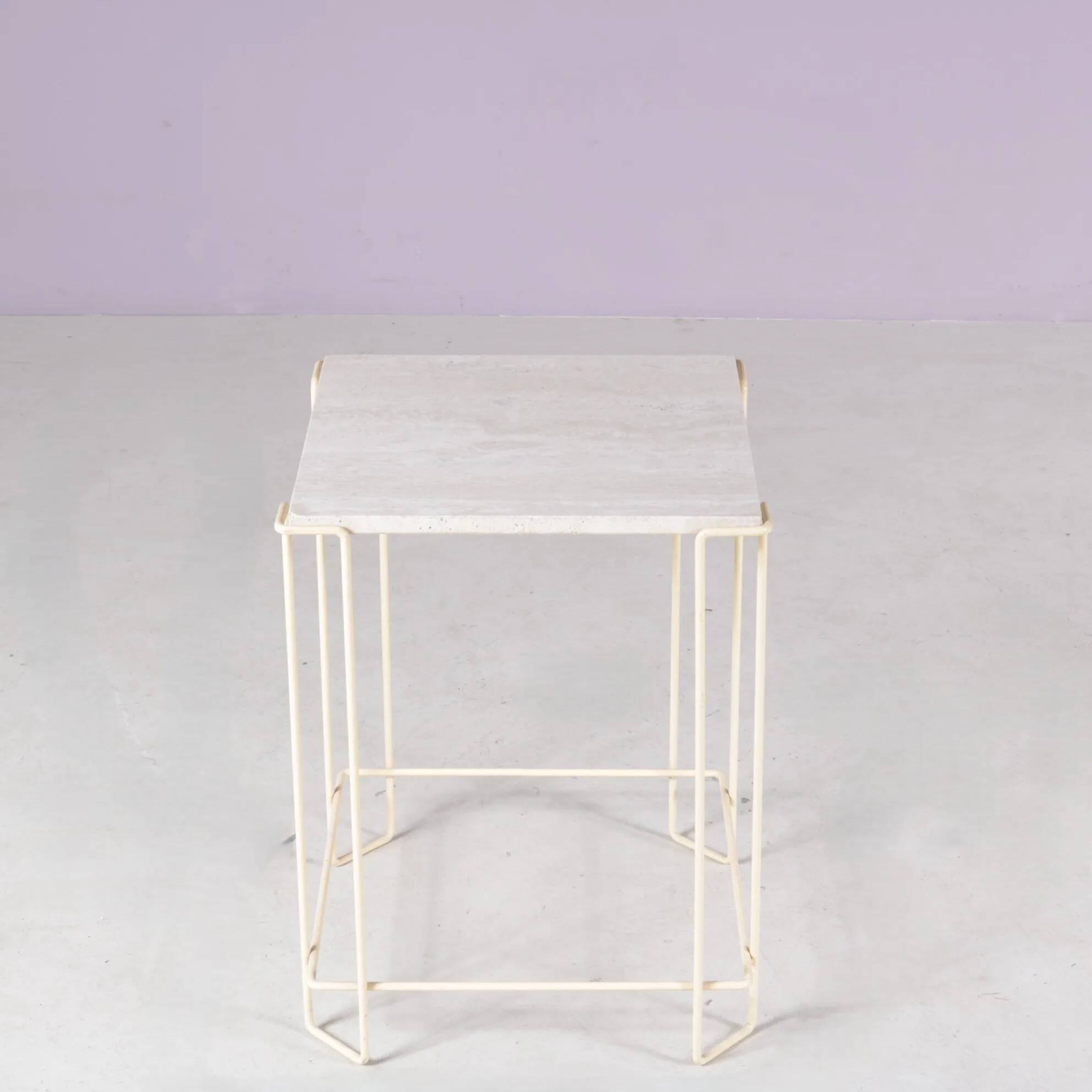 1980s side table beige metal frame with travertine top in the style of Max Sauze
