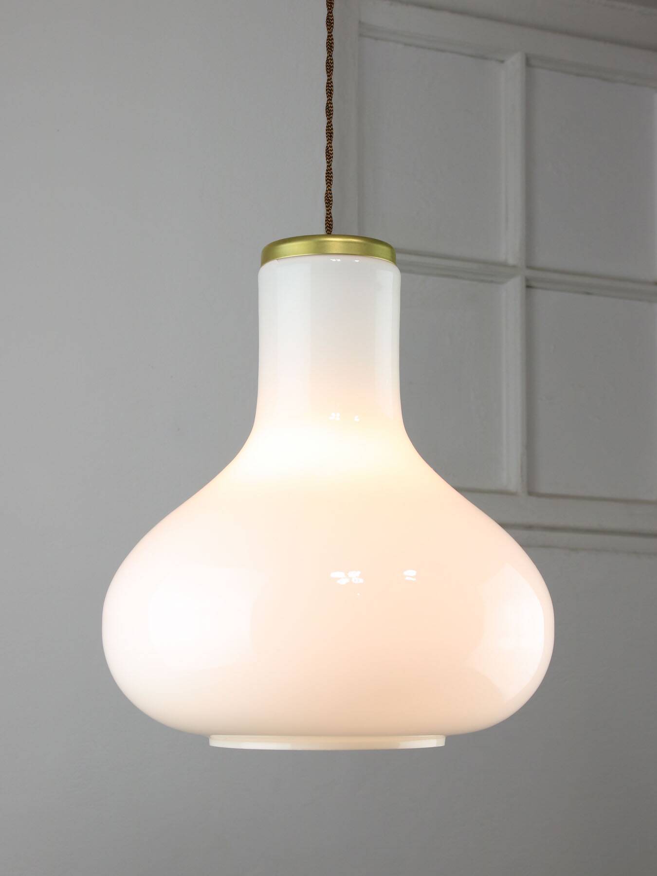 Big mid-century italian brass and opaline glass pendant lamp
