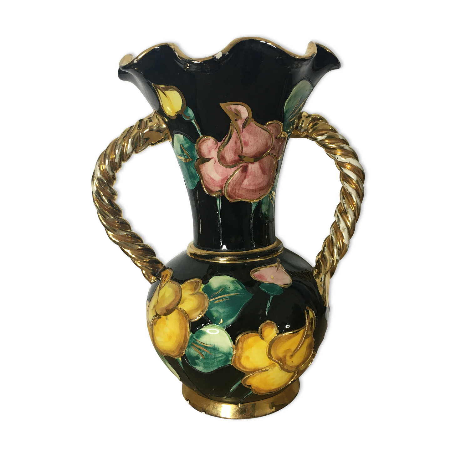 Vase Vallauris avec décor fleurs, dorure et anses torsadées