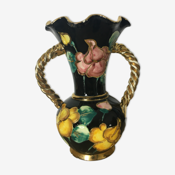 Vallauris vase with flowers, gilde and twisted handles
