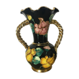 Vase Vallauris avec décor fleurs, dorure et anses torsadées