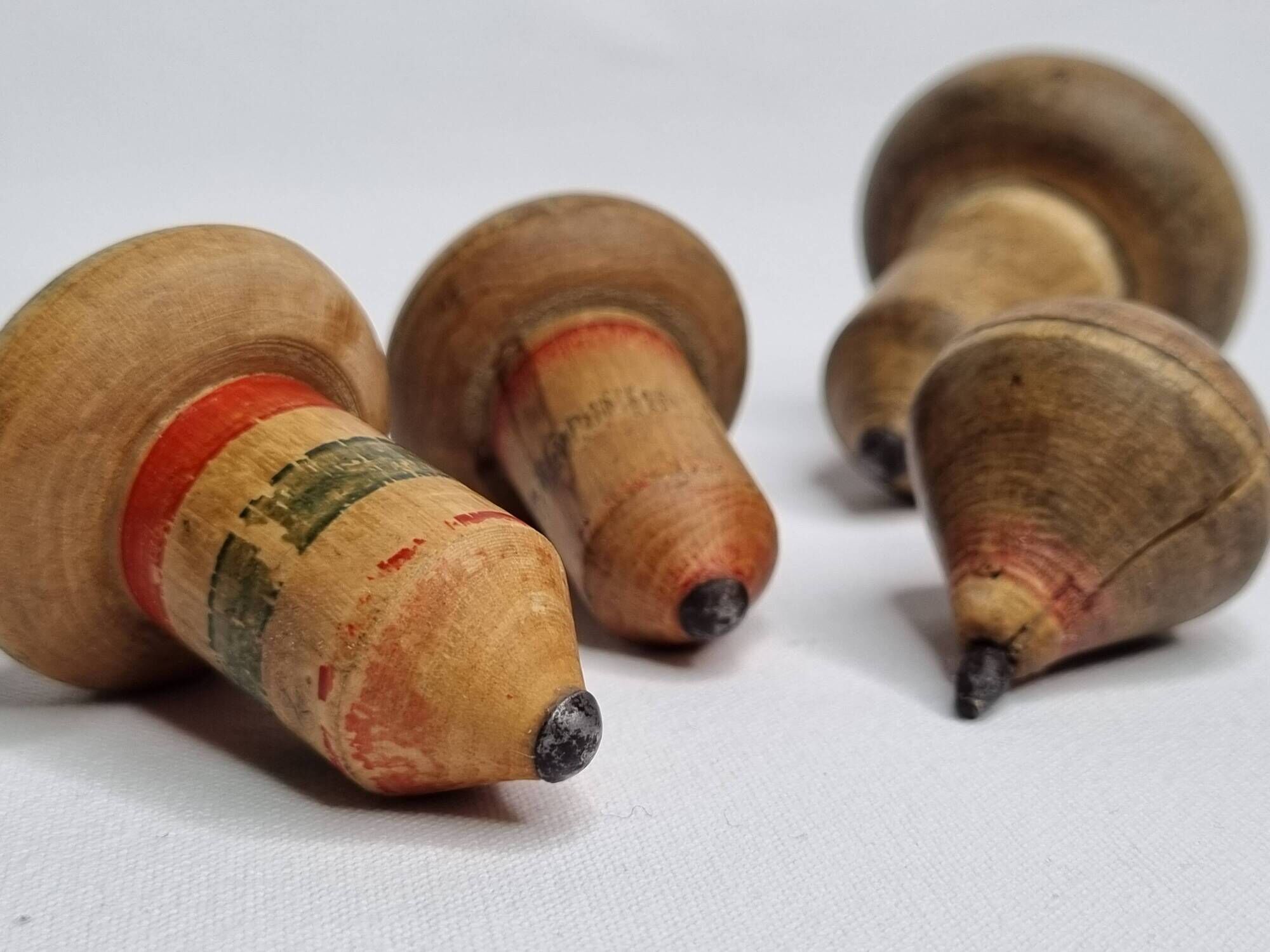 Set of 4 Antique Wooden Spinning Tops – Hand Painted Vintage Toys