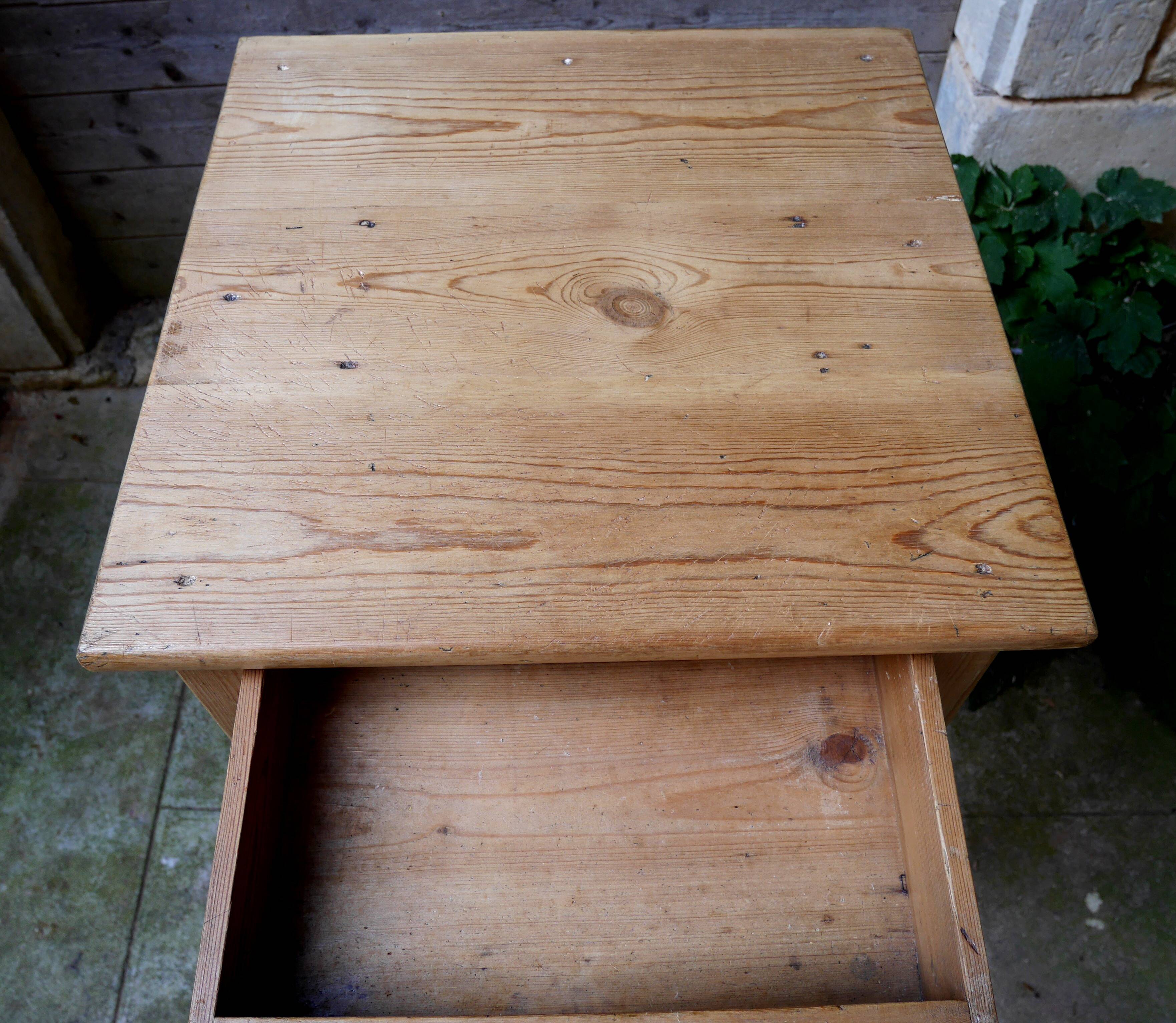 antique tall fir wood side table, a piece of workshop furniture
