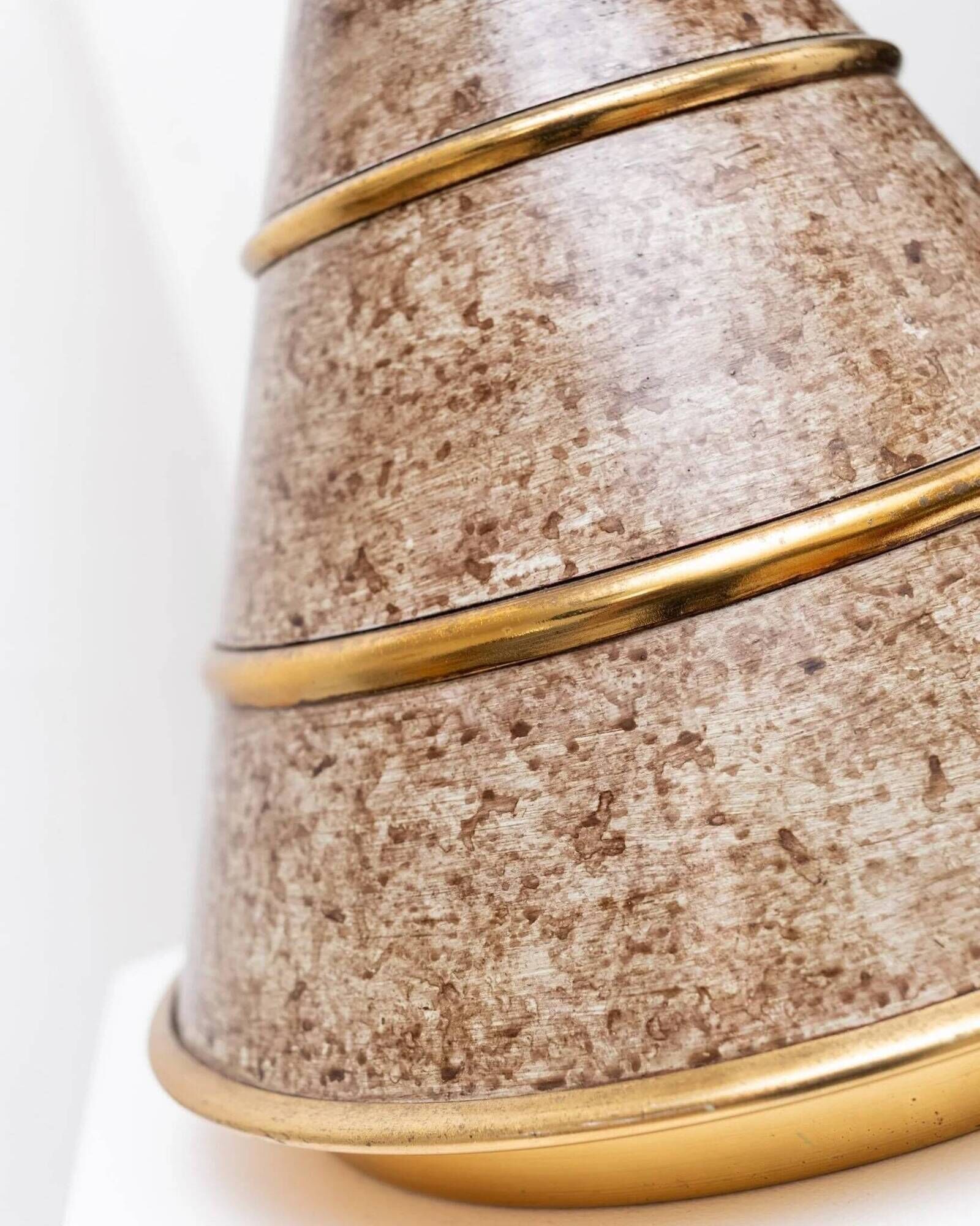 Brown ceramic mid-century table lamp with cream handmade paper floral shade and brass accents