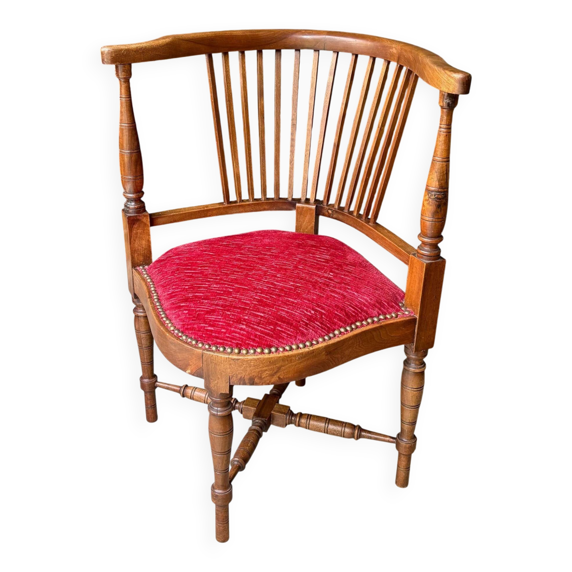 Corner armchair, dark wood and red velvet office chair.