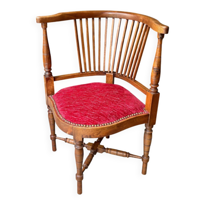 Fauteuil d'angle, de bureau en bois foncé et velours rouge
