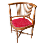 Corner armchair, dark wood and red velvet office chair.