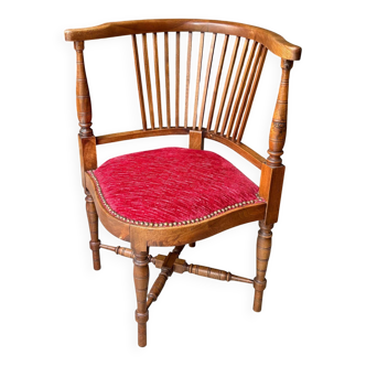 Corner armchair, dark wood and red velvet office chair.