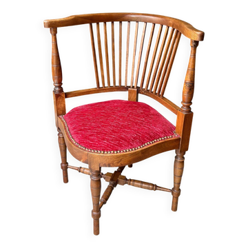 Corner armchair, dark wood and red velvet office chair.