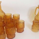 Orange juice set textured glass amber Empoli 2 decanters 12 glasses 70s