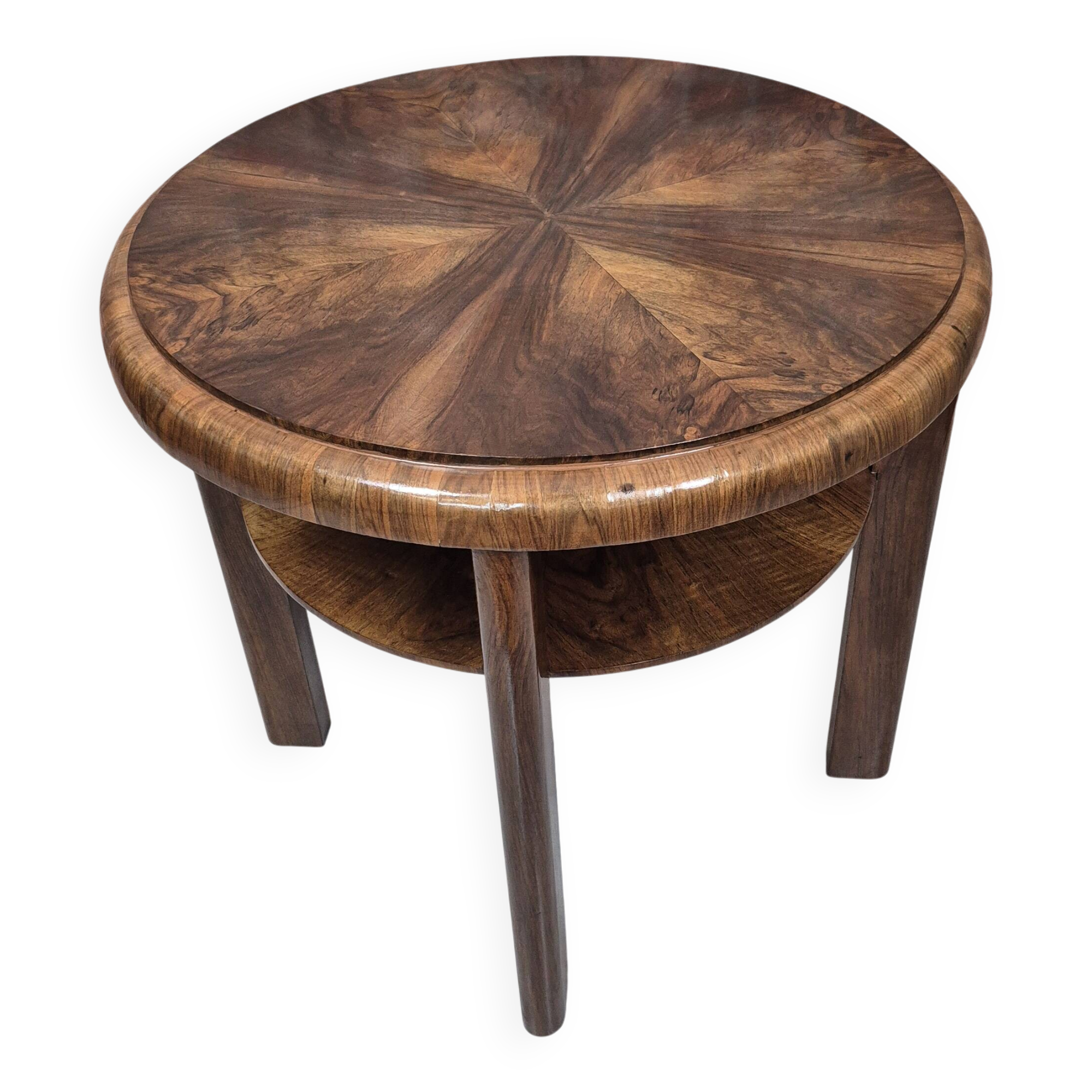 Restored Art Deco Walnut Burl Two-Tier Sunburst Table 1930s