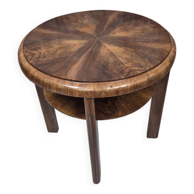 Table en noyer en placage de bouleau Art Déco restaurée à deux niveaux, style soleil, années 1930.