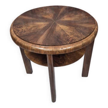 Restored Art Deco Walnut Burl Two-Tier Sunburst Table 1930s