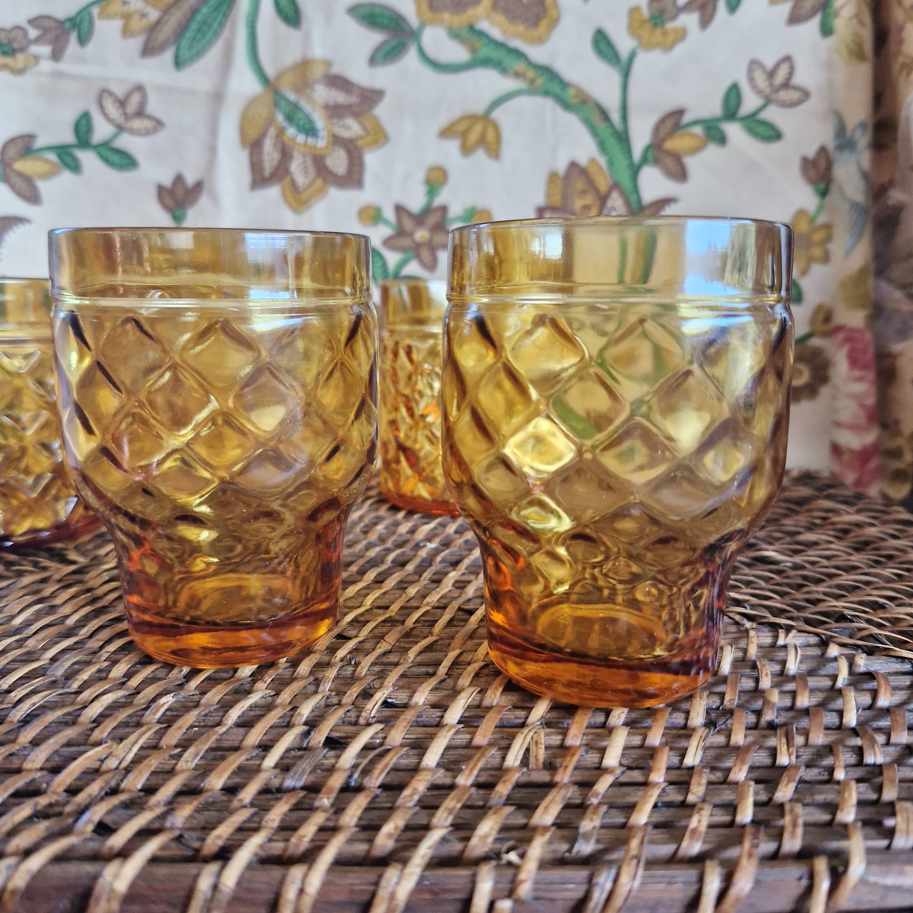 Set of 5 vintage glasses in amber yellow glass pernod france 2 assorted models