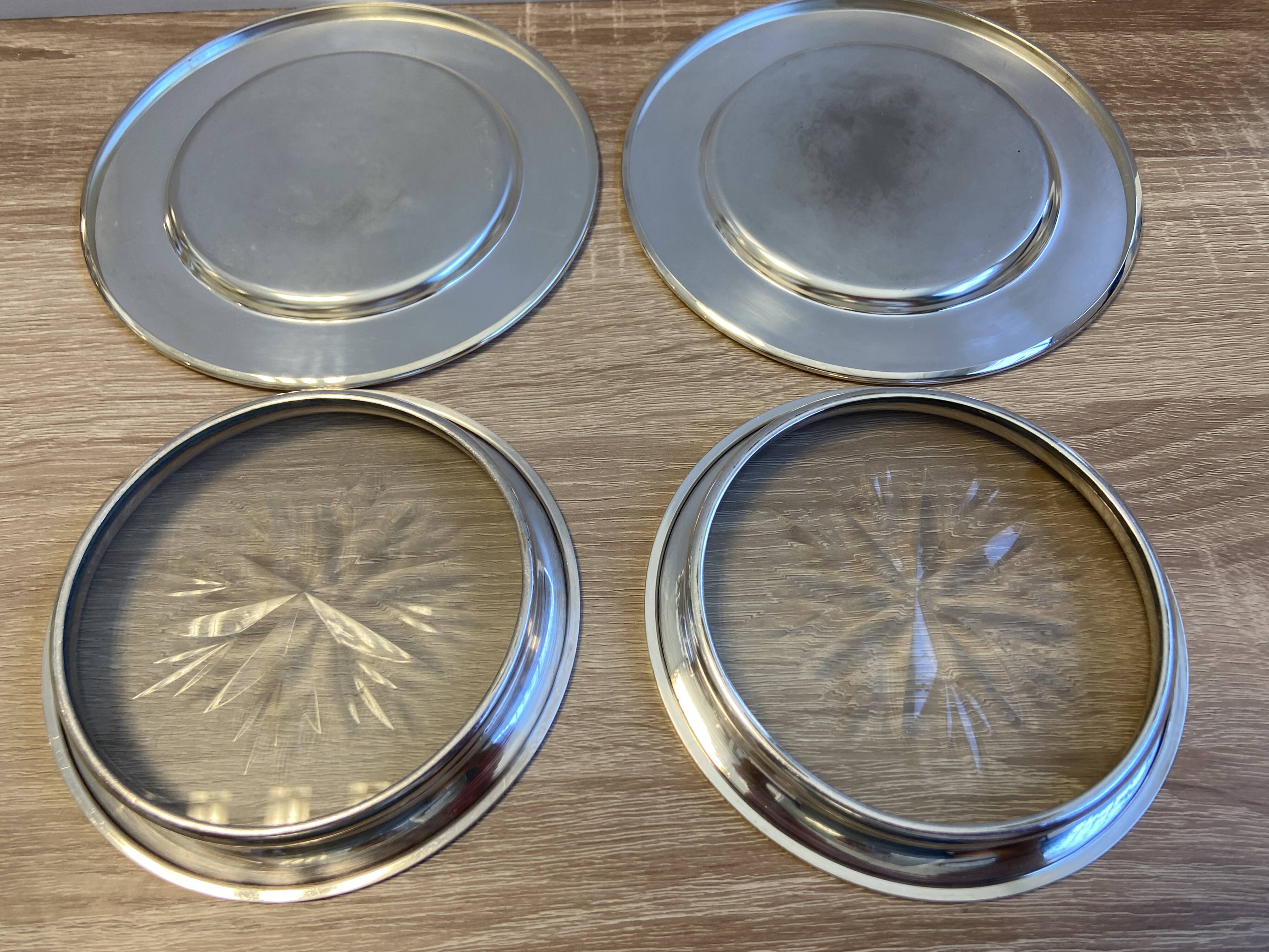 Lot Pair of Silver Metal Bottle & Glass Coasters with Hallmarks