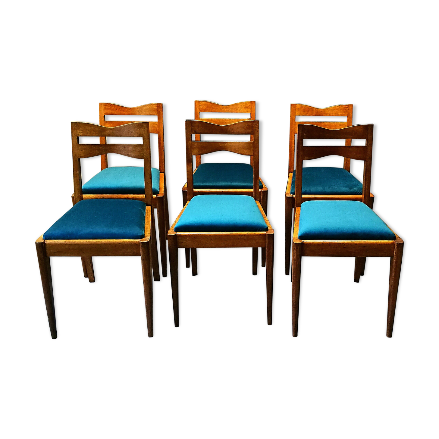 Suite de 6 chaises années 40-50 chêne et velour bleu