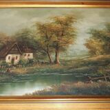 Painting on oil canvas J Evans golden frame landscape