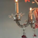 Venetian chandelier in colorless and red Murano glass, 5 light arms