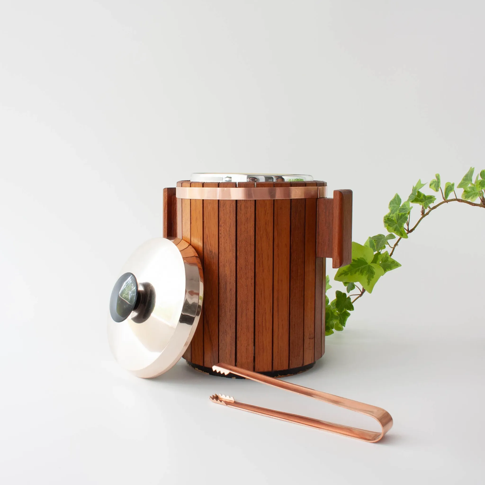 Vintage Danish Wood Ice Bucket with Copper Details, 1960's