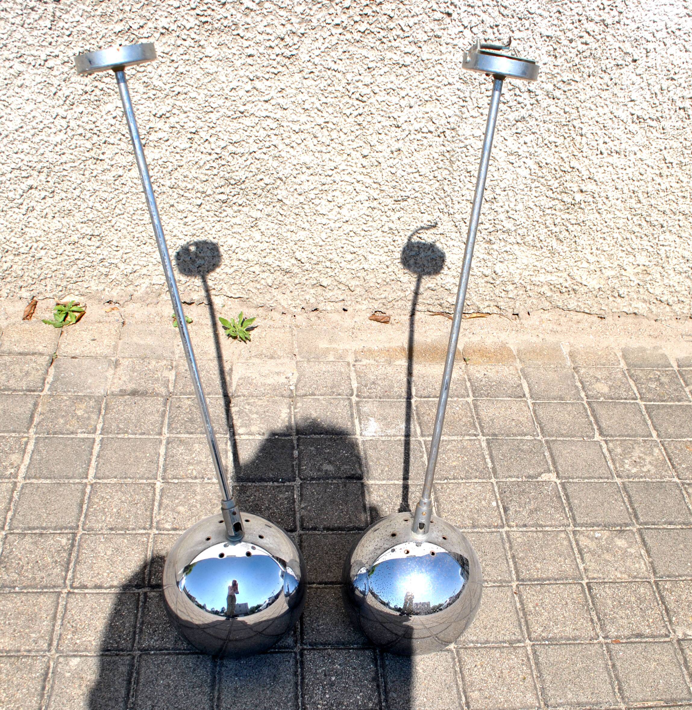 Set of 2 design ball lamps in chromed metal industrial pendant lights 1970