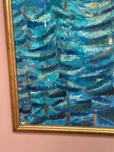Mid-Century Oil on Canvas “Blue Trees” by Ag Liljardh– Vintage & Framed