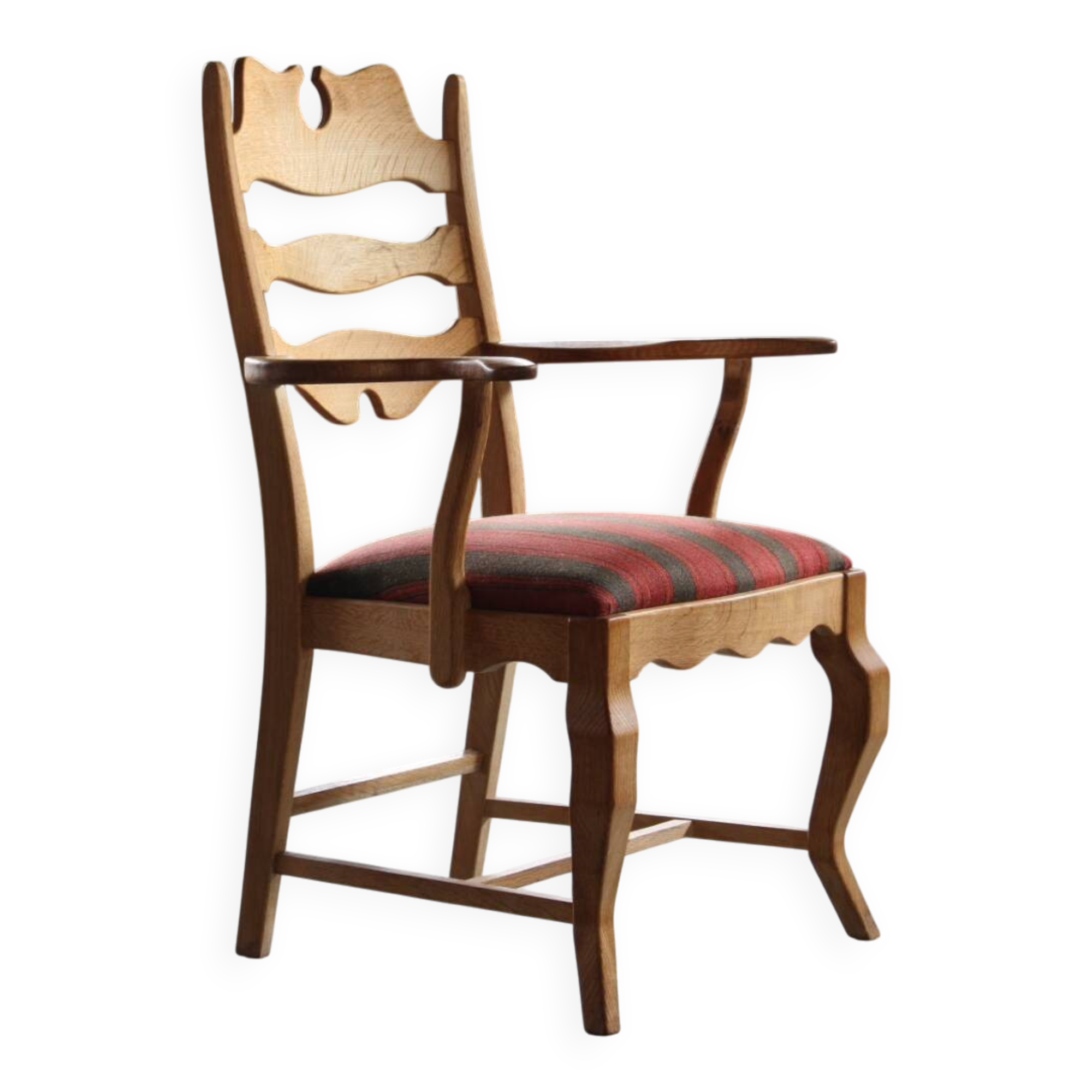 Vintage Brutalist Oak Razorblade Red Striped Armchair by H. Kjærnulf, 1960s