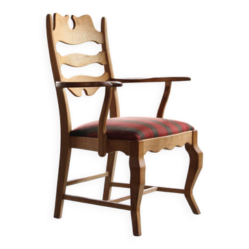 Vintage Brutalist Oak Razorblade Red Striped Armchair by H. Kjærnulf, 1960s