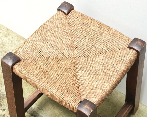 Tabouret en bois avec assise en paille, années 70