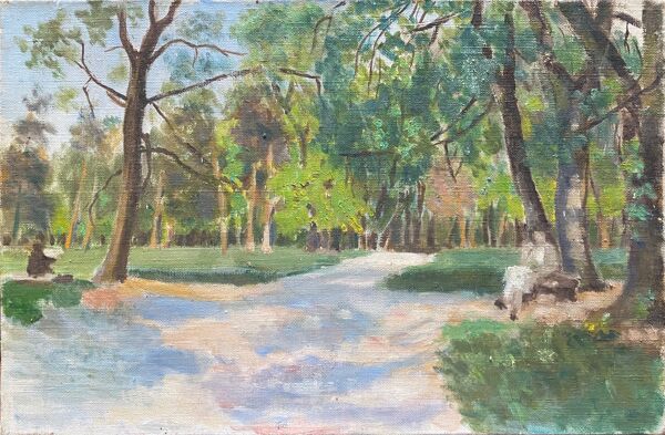 Tableau ''Dans le Parc'' paysage animé impressionniste J. Toussaint 1883