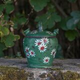 Vintage gargoulette, jug, green painted pitcher with daisy patterns