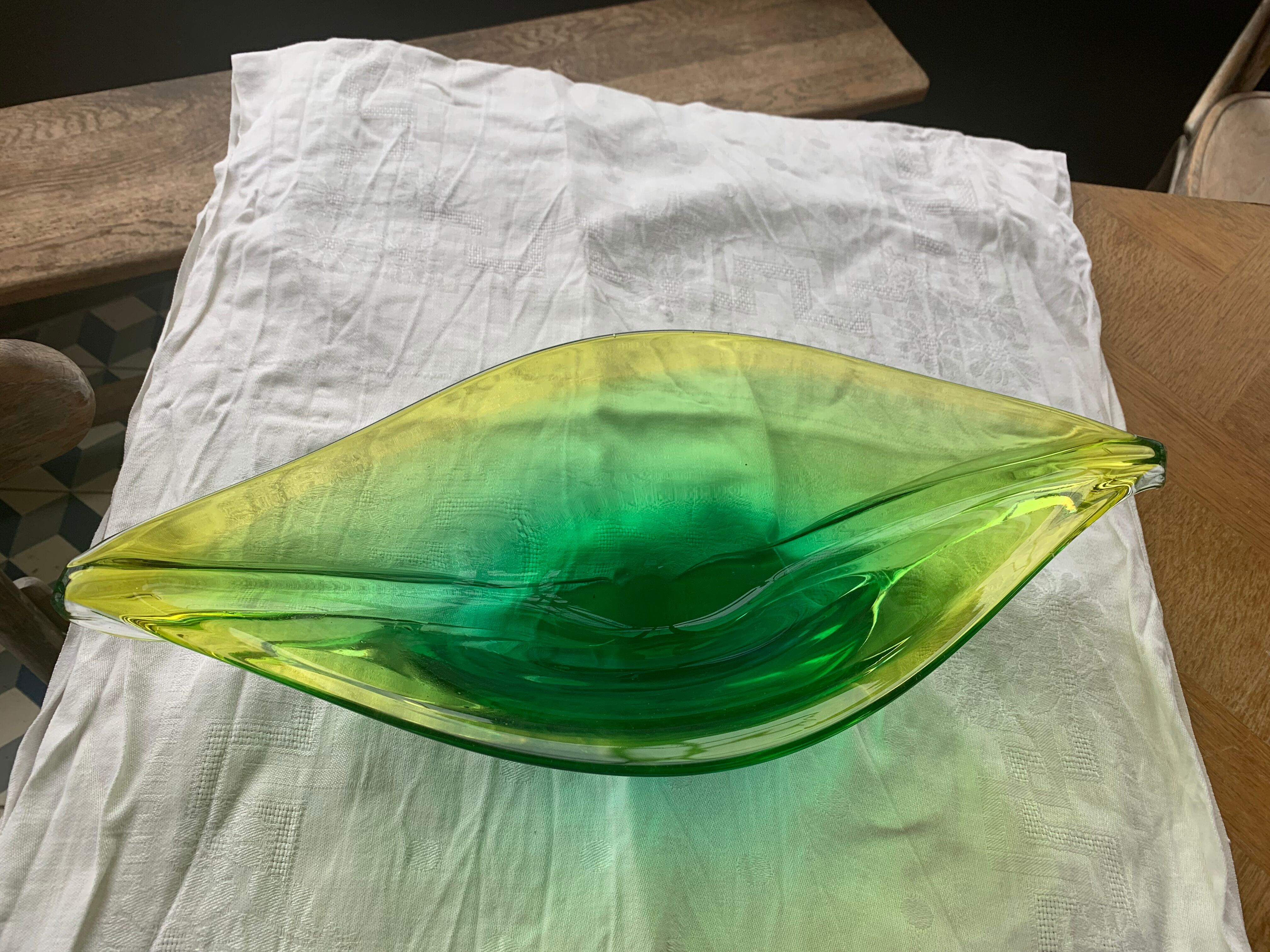 Glass fruit cup in the shape of a vintage yellow green vegetable leaf