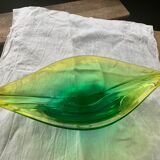 Coupe à fruits en verre en forme de feuille végétal jaune vert vintage