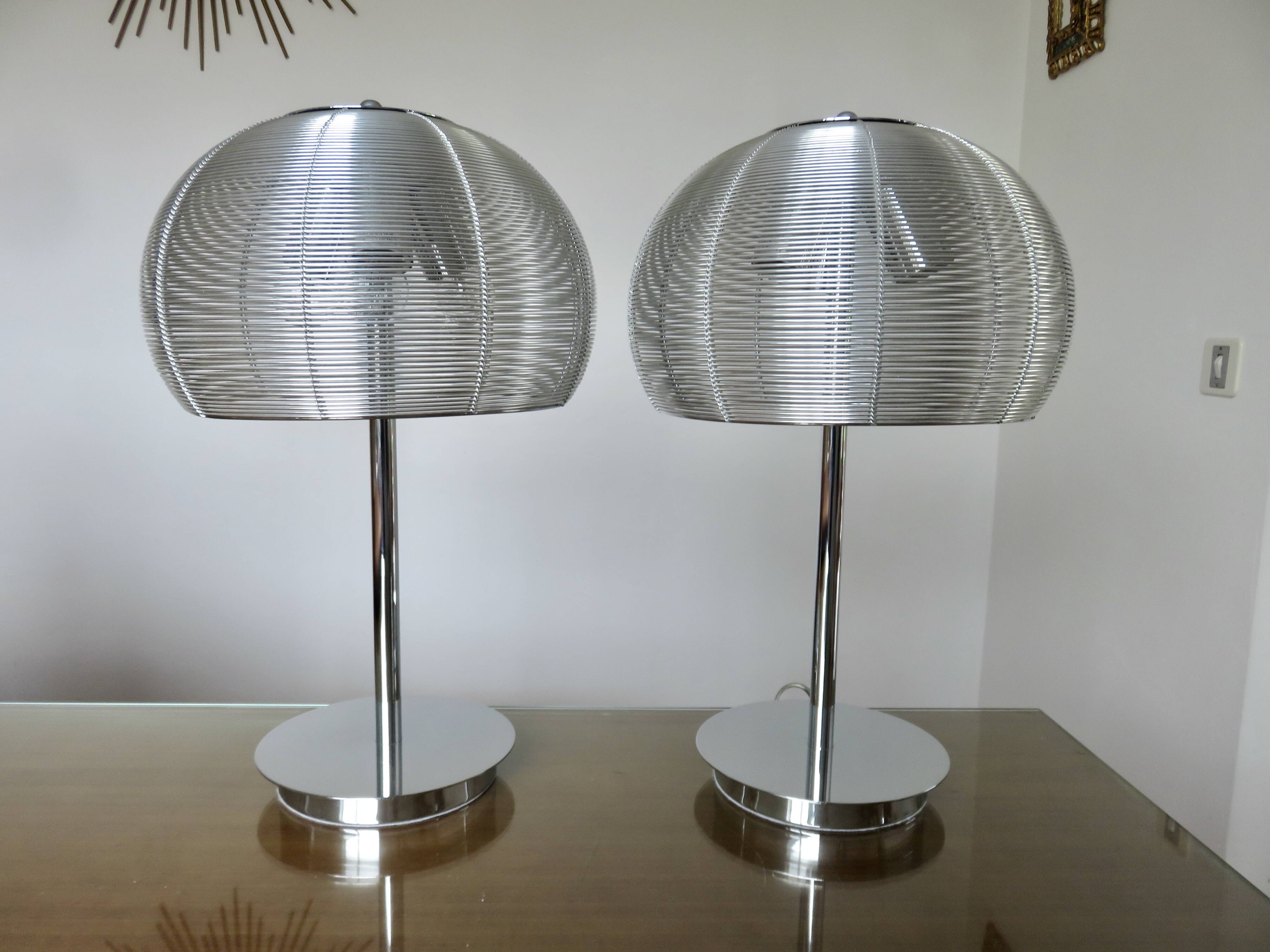 Pair of chrome-plated metal lamps with aluminum wire shades, 1990