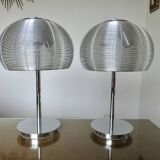 Pair of chrome-plated metal lamps with aluminum wire shades, 1990
