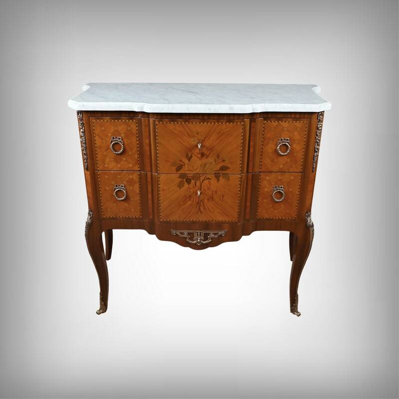 Commode sauteuse en marqueterie, style Transition Louis XV - Louis XVI – milieu XXe