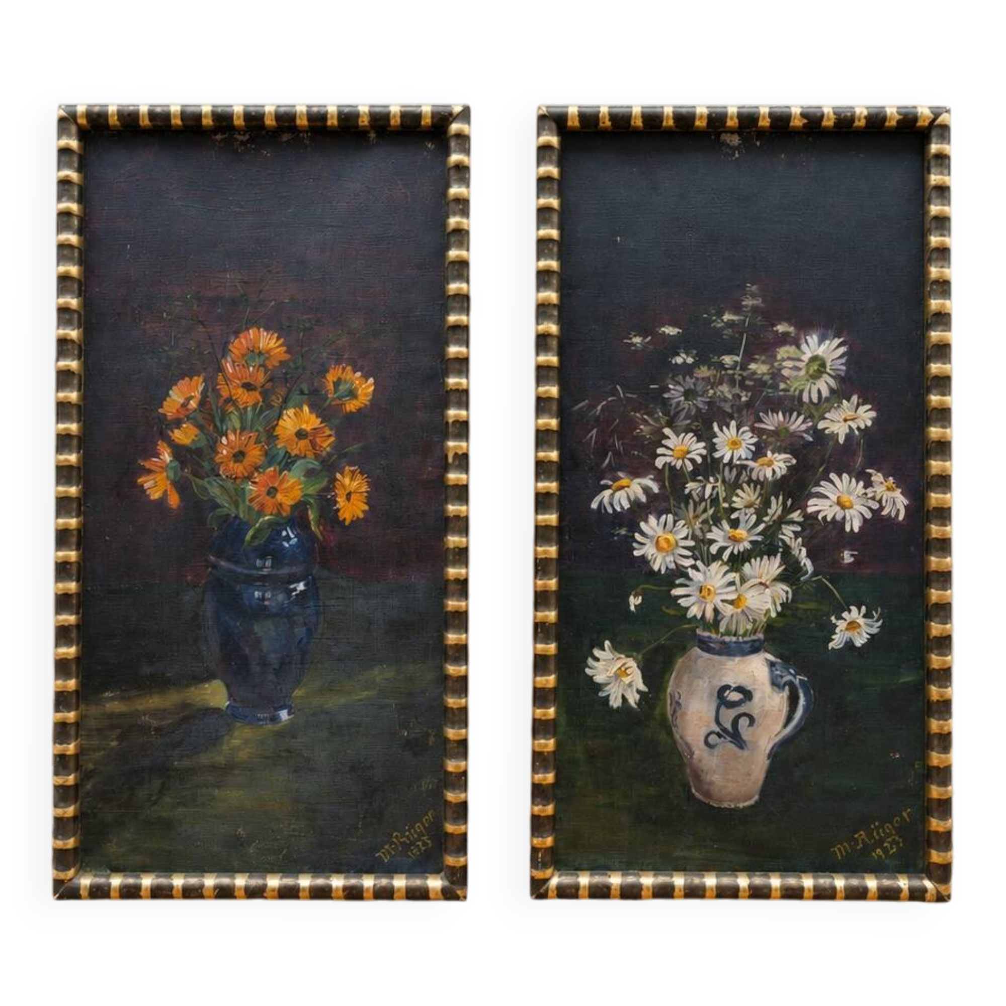 Paire de tableaux natures mortes, huiles sur toile, 1923