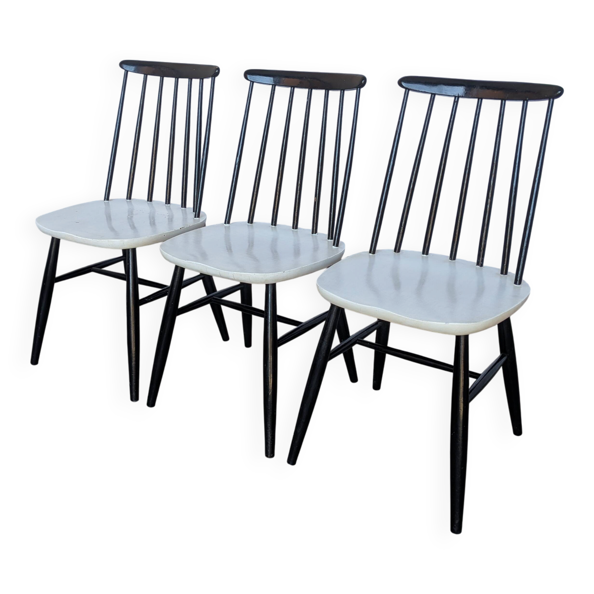 Ensemble de 3 chaises de salle à manger vintage noir et blanc, style Ilmari Tapiovaara, scandinave.