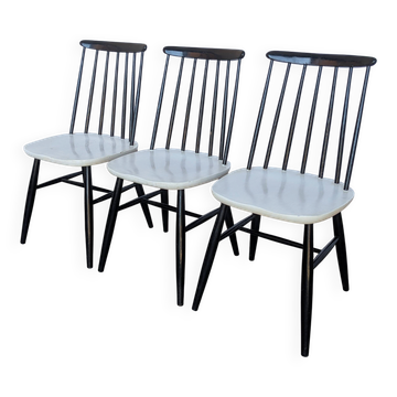 Ensemble de 3 chaises de salle à manger vintage noir et blanc, style Ilmari Tapiovaara, scandinave.
