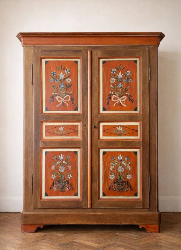 Armoire Alsacienne peinte a la main décor floral, époque XIXeme
