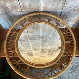 Ancien Miroir en Rotin Bambou Années 50 Vintage