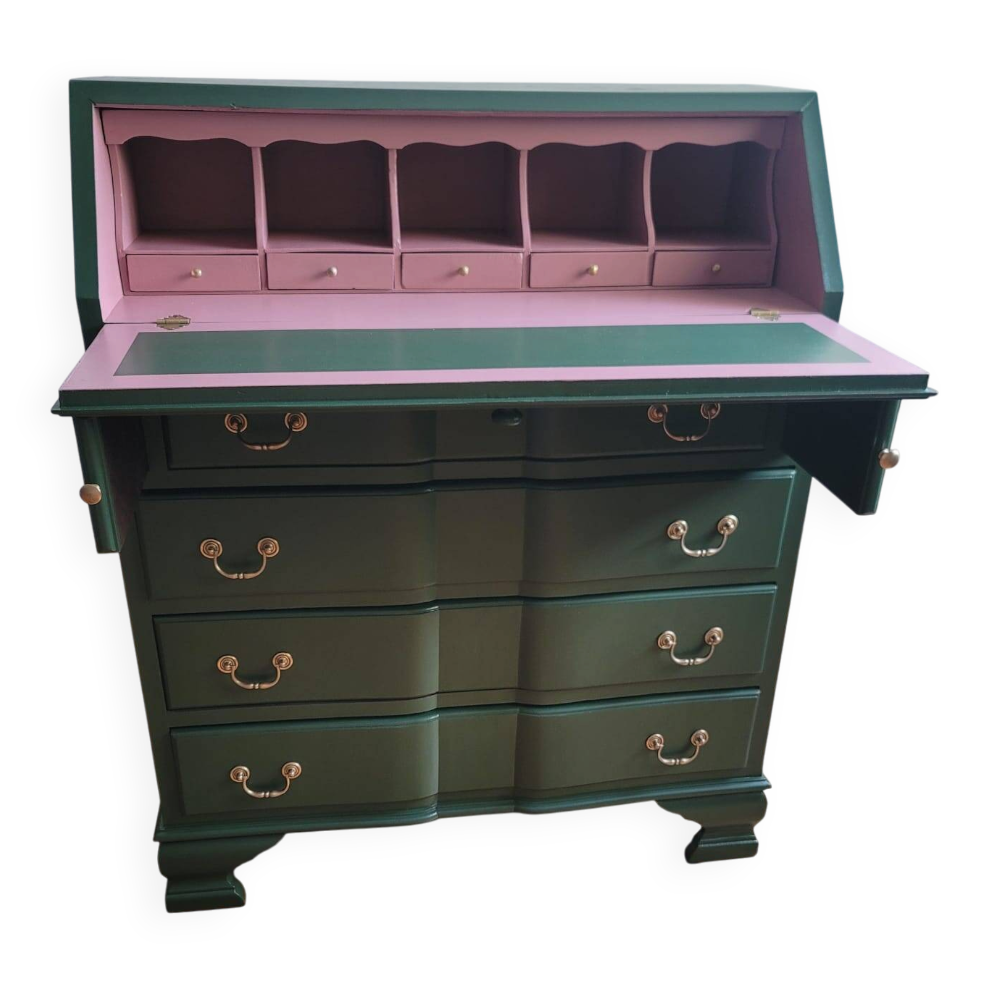 Vintage upcycled secretary in green and pink, original handles.