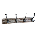 Solid teak coat hook with 4 double cast iron hooks