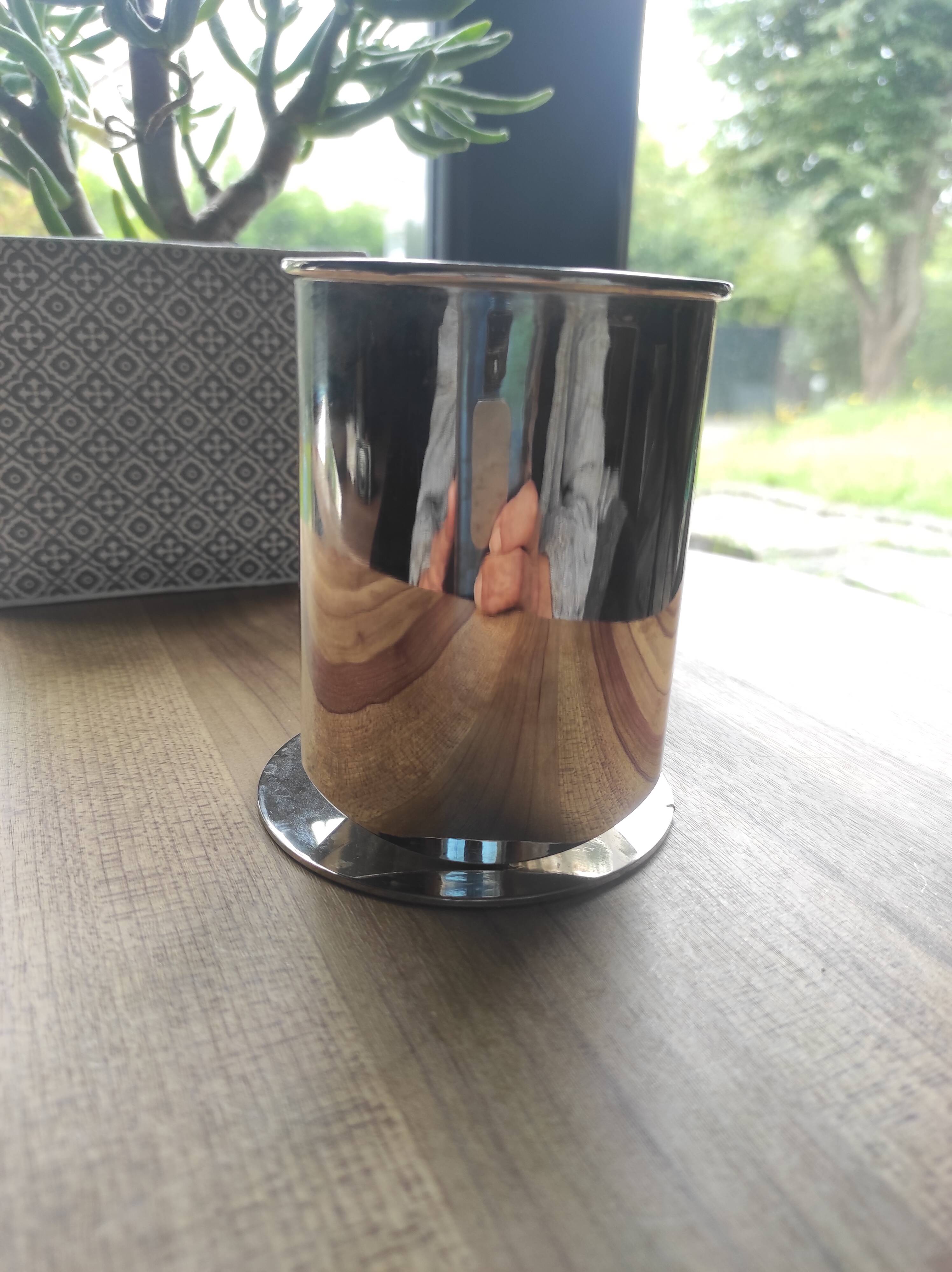 Vintage silver metal pencil holder decorated with tennis rackets