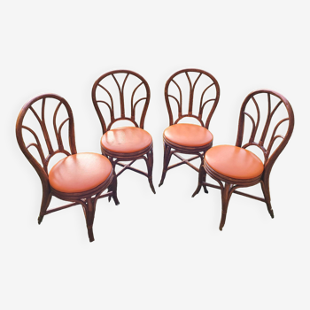 4 chairs in curved bamboo and sky orange pop, 1970